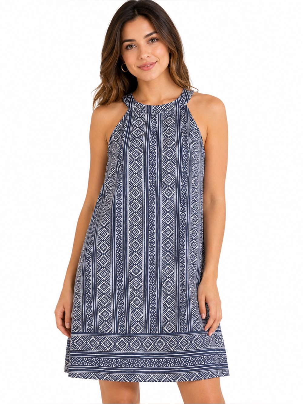 Monteau Blue Tribal Print Sleeveless Shift Dress Lined Size Small